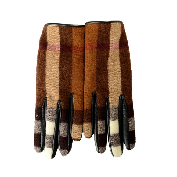 Burberry Women's "Victoria 3C CHK" Leather & Wool Check Gloves Sz 7 - Picture 1 of 4